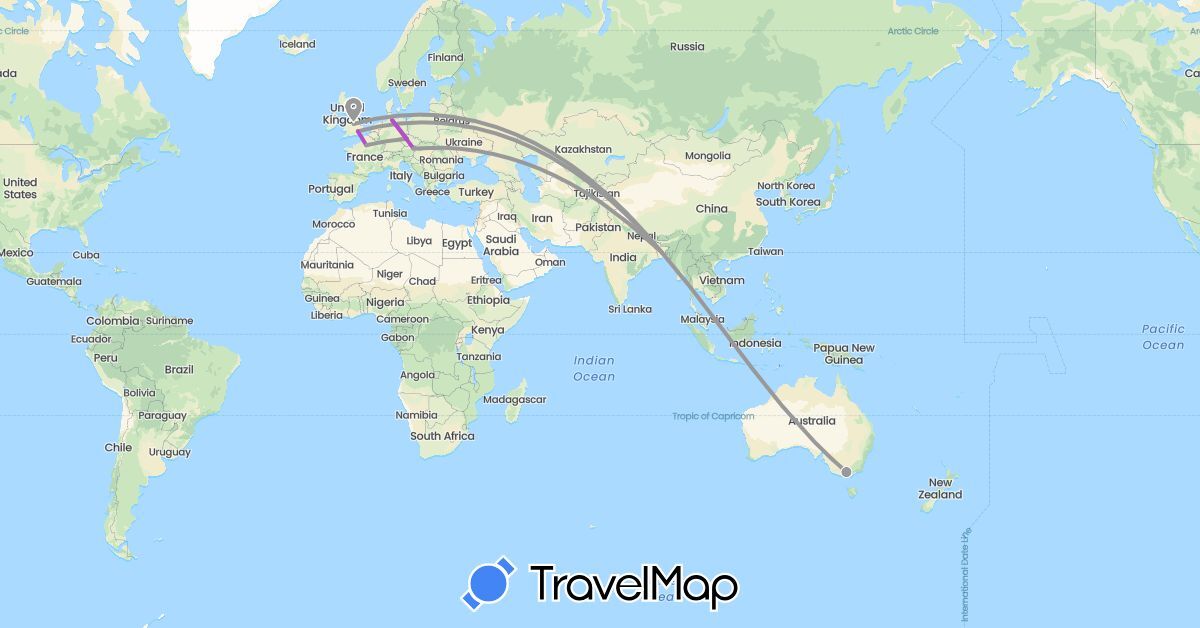 TravelMap itinerary: driving, plane, train in Austria, Australia, Bangladesh, Czech Republic, Germany, France, United Kingdom (Asia, Europe, Oceania)